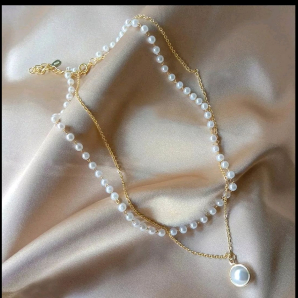 NEW KPOP PEARL GOLD CLAVICLE CHAIN CHOCKER DOUBLE LAYER MULTI-LAYER NECKLACE - Picture 2 of 4